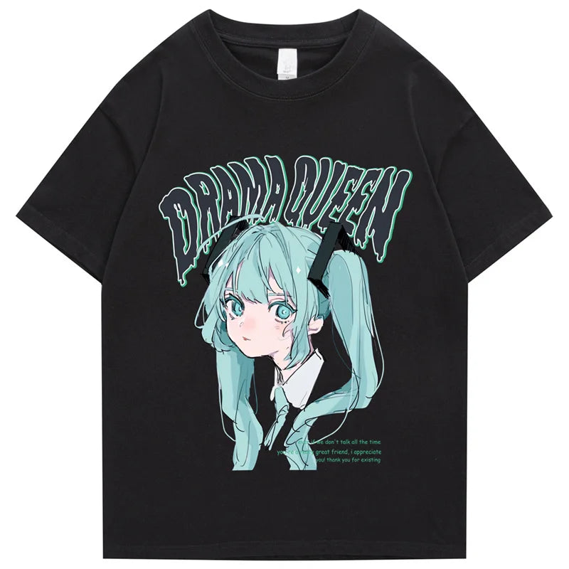 Hip Hop Streetwear T Shirt Anime Girl Letter Print T-Shirt 2023 Men Harajuku Cotton Casual Tshirt Short Sleeve Tops Tees Black