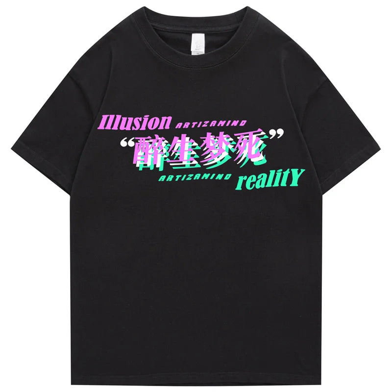 Hip Hop Streetwear T Shirt Anime Girl Letter Print T-Shirt 2023 Men Harajuku Cotton Casual Tshirt Short Sleeve Tops Tees Black